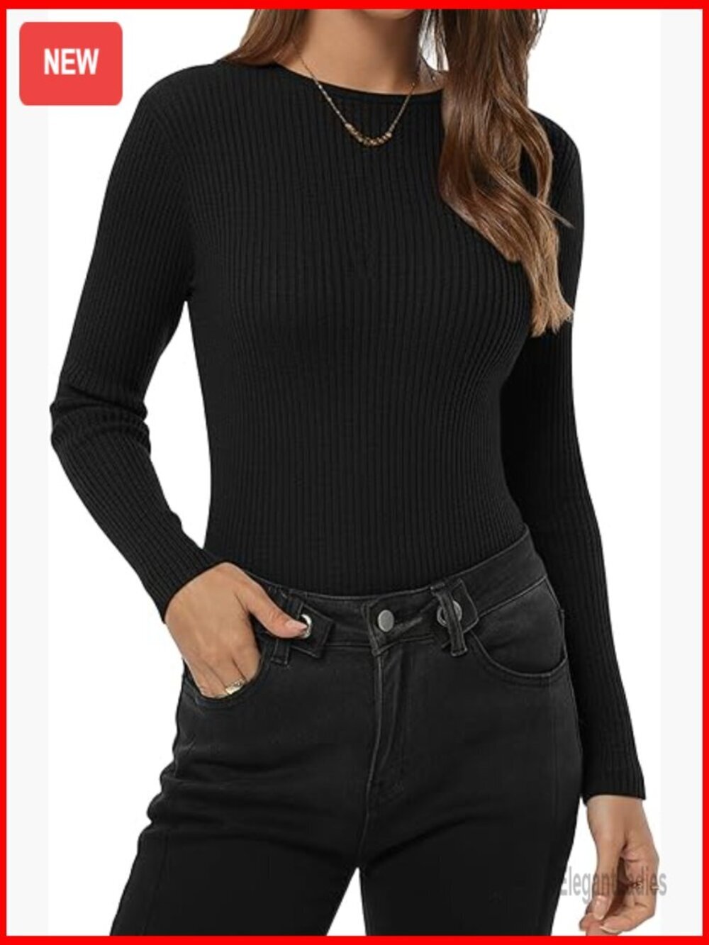 Lightweight Ribbed Knit Sweater Fitted Pullover Long Sleeve Crewneck
